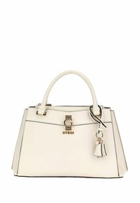 Borsa a tracolla sintetica bianca con design strutturato, hardware dorato e un charm decorativo. Presenta un manico arrotondato e cuciture nere in contrasto.