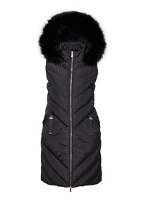 Doudoune sans manches noire avec capuche en fausse fourrure, motif matelassé en forme de chevrons, deux fermetures éclair à la taille et panneaux latéraux texturés contrastants.