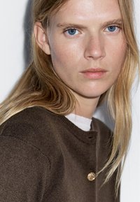 Maglione marrone lavorato a maglia con scollo rotondo e dettaglio con bottone dorato, abbinato a una camicia bianca sottostante, con lunghi capelli biondi.