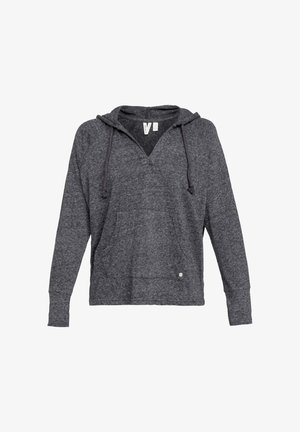 Haut à capuche gris en tissu doux et texturé. Il possède un col en V, une poche avant, une capuche avec cordon de serrage et des poignets côtelés.