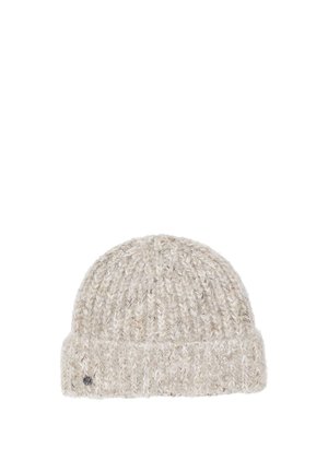 Knitted beige woolen winter beanie hat with a folded brim and small round metal logo on the side.