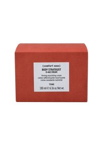 Rote rechteckige Box mit dem BODY STRATEGIST D-AGE CREAM. Das weiße Etikett zeigt Produktdetails, einschließlich Größe und Anwendungshinweise.