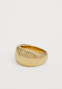 Gold band ring with a rounded, ribbed texture and smooth polished interior, displayed on a plain white background.