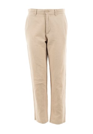 Pantalons en mélange de lin beige avec une coupe droite, fermeture à bouton et deux poches latérales. Texture lisse et coupe décontractée.