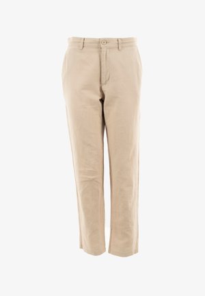 Pantalons en mélange de lin beige avec une coupe droite, fermeture à bouton et deux poches latérales. Texture lisse et coupe décontractée.
