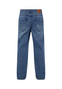 Jeans in denim blu con taglio dritto, dotati di due tasche posteriori e un'etichetta in pelle in vita. Ricamo distintivo sulla tasca.