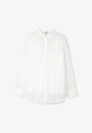 Biała lniana koszula z kołnierzykiem mandarynki, z przodu zapięcie na guziki i długimi rękawami. Zawiera subtelne pionowe detale wykończenia.