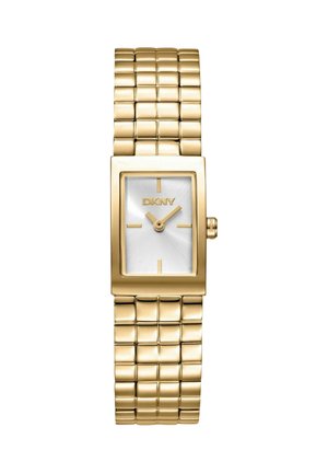 Goldfarbene rechteckige DKNY-Armbanduhr mit Gliederarmband, silbernem Zifferblatt, minimalistischen Stundenmarkierungen und zwei Zeigern, die 2:12 anzeigen.
