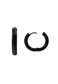 Boucles d'oreilles créoles noires avec une finition lisse et brillante, une forme légèrement arrondie et une fermeture à charnière pour un enfilage facile.