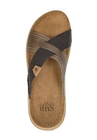 Bruine flip-flop sandaal met kruisbanden van donker stof, gevoerde lichtbruine voetbed en gebogen zool met gestikte randen.