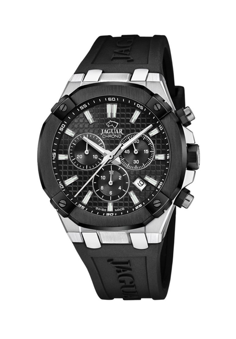 Jaguar Chronograph-Uhr mit schwarzem strukturiertem Zifferblatt, Edelstahlakzenten, Gummiband und drei Subdials. Silberne und weiße Stundenmarkierungen.