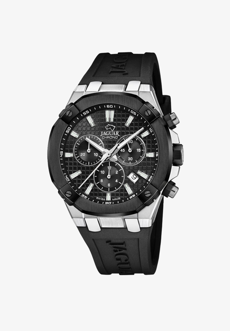 Jaguar Chronograph-Uhr mit schwarzem strukturiertem Zifferblatt, Edelstahlakzenten, Gummiband und drei Subdials. Silberne und weiße Stundenmarkierungen.