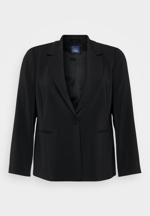 Črn suknjič, izdelan iz gladkega materiala, s poševnim ovratnikom, enojnim gumbom in dvema sprednjima žepoma z diskretnimi šivi.