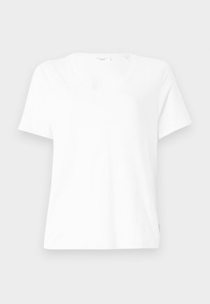 Weißes Baumwoll-T-Shirt mit V-Ausschnitt, kurzen Ärmeln und lockerer Passform. Mit dezenten Nähten und einem kleinen Etikett an der Seite.