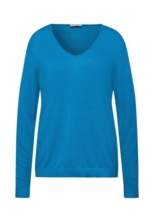 Suéter de manga larga con cuello en V, hecho de una tela suave, en un vibrante color azul celeste, con puños y dobladillo acanalados. Textura lisa sin patrones.