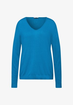 Långärmad V-ringad tröja, tillverkad av mjukt tyg, i en livlig azurblå färg, med ribbade muddar och nederkant. Slät textur utan mönster.