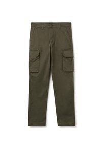 Olivgrüne Cargo-Hosen aus Baumwolle, mit zwei seitlichen Taschen und zwei großen Cargo-Taschen. Gerade Passform mit gesteppten Details.