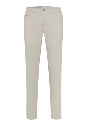 Beige, slim-fit pants made from soft fabric. Features a zip fly, single back pocket, and subtle textured pattern.