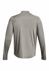 Langarmshirt aus leichtem grauem Polyester mit glatter Textur. Verfügt über einen hohen Kragen und Raglanärmel für Bewegungsfreiheit.