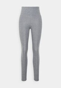 Gray high-waisted leggings made from a stretchy, textured fabric, featuring a streamlined design with no visible seams or accents.