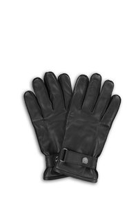 Czarne skórzane rękawiczki o gładkiej teksturze, pięcio palczaste, z mankietem zapiętym na ozdobny guzik. Bez wzorów ani dodatków.