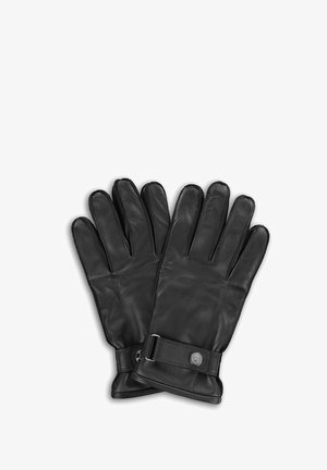 Czarne skórzane rękawiczki o gładkiej teksturze, pięcio palczaste, z mankietem zapiętym na ozdobny guzik. Bez wzorów ani dodatków.
