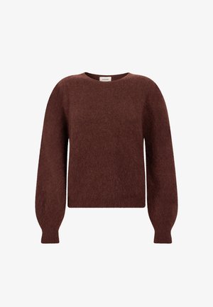 Bruine wollen trui met een ronde hals, lange ballonmouwen en een relaxte pasvorm. Zachte textuur en minimalistisch ontwerp zonder patronen.