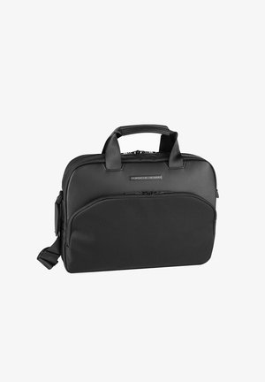 Black laptop bag made of durable material with two top handles, a front zipper pocket, and an adjustable shoulder strap. Smooth texture.