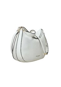 Borsa a tracolla in pelle bianca con dettagli neri, forma arrotondata e morbida, dotata di una tracolla e superficie testurizzata, logo impresso nella parte inferiore.