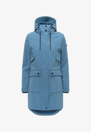 Blauwe winterjas tot op de knie met capuchon, ritssluiting aan de voorkant, knoopsluitingen, verstelbare trekkoorden en vier klepzakken.