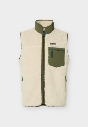 Bezrukávová krémová vesta z sherpa flísu s olivovozeleným lemovaním, predným zipsom, na hrudi so zipsovou vreckom a stojačikovým golierom.