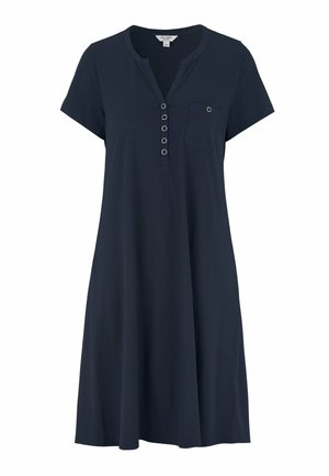 Navyblaues Kurzkleid mit Henley-Ausschnitt, fünf Knöpfen, Brusttasche und lockerem Schnitt, aus weichem Stoff gefertigt.