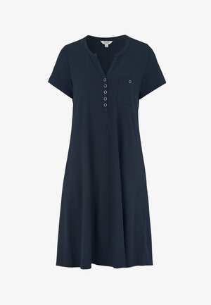 Navyblaues Kurzkleid mit Henley-Ausschnitt, fünf Knöpfen, Brusttasche und lockerem Schnitt, aus weichem Stoff gefertigt.