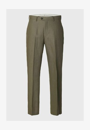 Olīvdzeltena vīriešu formālas bikses ar priekšējo kroku, jostasvietu, jostu cilpām un pogas aizdari.