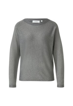 Gray long-sleeve sweater with a round neckline. Made from a soft, textured material. Features a subtle pattern and a loose fit. Brand label visible.