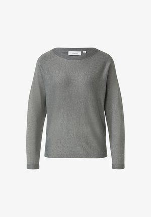 Szary sweter z długim rękawem i okrągłym dekoltem. Wykonany z miękkiego, strukturalnego materiału. Posiada subtelny wzór i luźny krój. Widoczna metka marki.