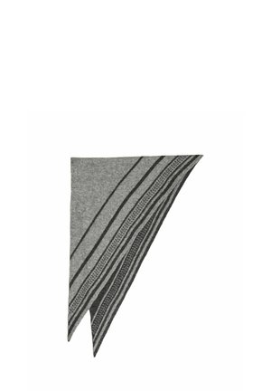 Grå trekantet tørklæde med sorte og lysere grå striber, der har en tekstureret vævet detalje langs kanterne. Blødt stof.