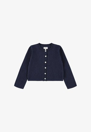 Navy-blauwe cardigan van een gestructureerde stof, ronde halslijn, lange mouwen en een sluiting met zeven knopen aan de voorkant. Label op de halslijn.