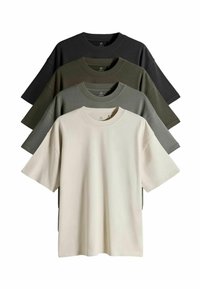 Četras īsā svārkota krekla komplekts bežā, tumši zaļā, olīvu un melnā krāsā. Izgatavots no kokvilnas, ar brīvu piegriezumu un apaļu kakla izgriezumu.