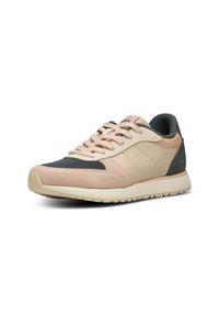 Sneaker featuring a mix of materials: light pink suede, beige leather, and dark green accents. Textured detailing on the heel, rubber sole.