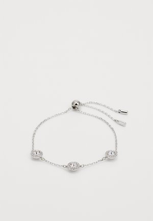 Bracciale regolabile in argento con tre cristalli rotondi trasparenti circondati da cristalli più piccoli su una fine catena con chiusura scorrevole.