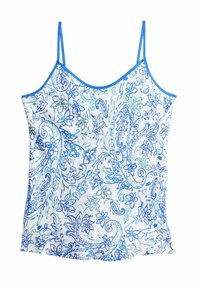 Camisola albastră și albă, cu modele florale și paisley, având bretele subțiri și ajustabile și o textură de material neted, ușor.