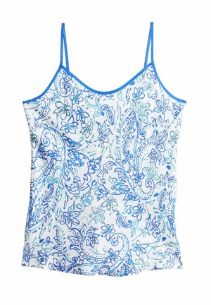 Camisola albastră și albă, cu modele florale și paisley, având bretele subțiri și ajustabile și o textură de material neted, ușor.