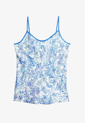 Blue and white camisole featuring floral and paisley patterns, with thin adjustable straps and a smooth, lightweight fabric texture.