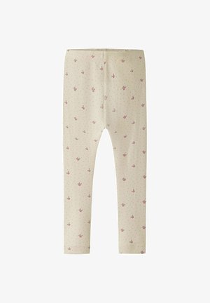 Cream-colored baby leggings with small pink floral and polka dot patterns, featuring an elastic waistband and slim fit design.