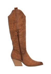 Bota de vaquero de imitación piel marrón con punta afilada, tacón alto inclinado, cremallera lateral, costuras decorativas y un caña alta.