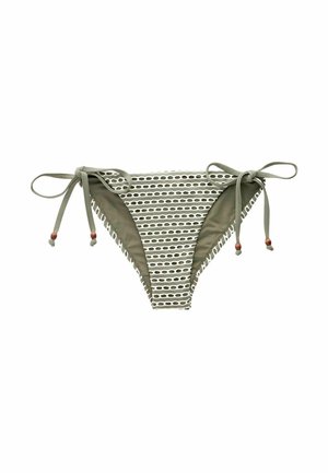 Zielono-białe majtki bikini w paski. Regulowane wiązania na biodrach z ozdobnymi drewnianymi koralikami. Miękka, teksturowana tkanina.