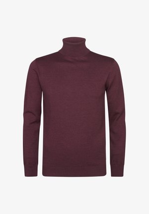 Suéter de cuello alto burdeos hecho de un material de punto suave, con mangas largas y puños acanalados para una apariencia ajustada.