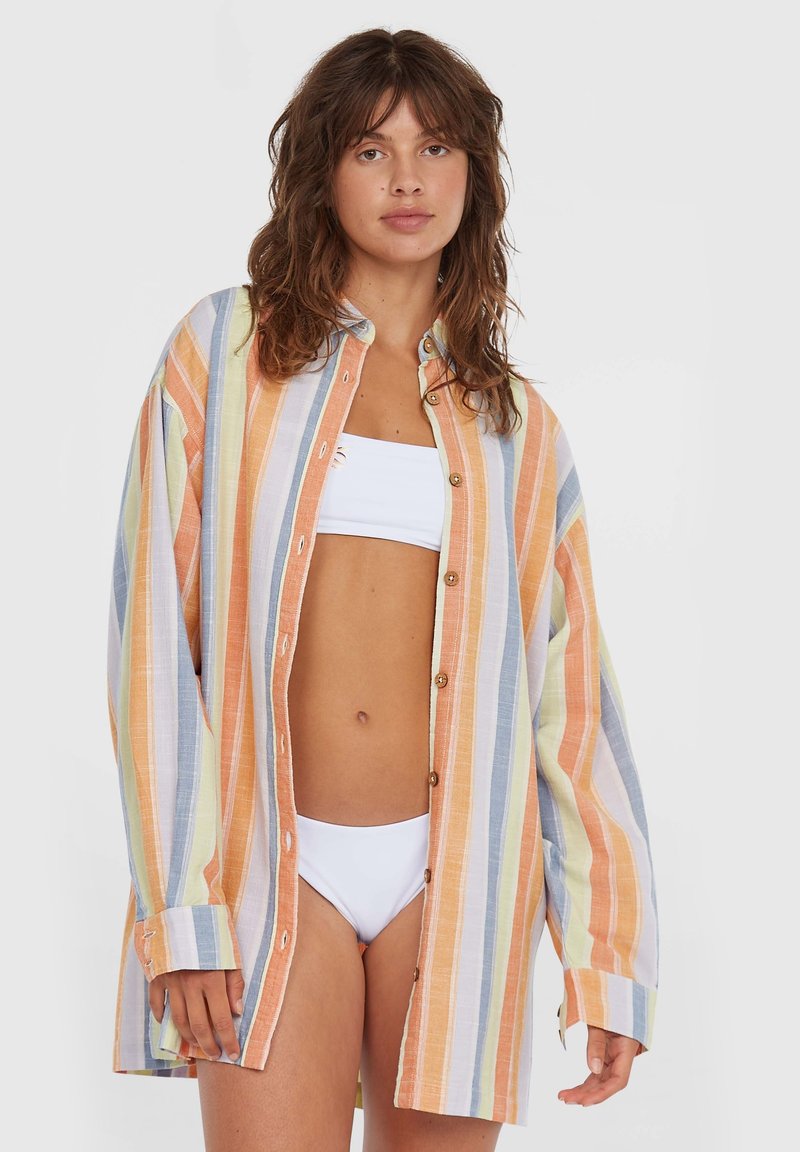 Gestreepte button-up shirt met pastelkleuren (oranje, blauw, geel, groen) met een losse pasvorm en lange mouwen. Gemaakt van textuurstof.