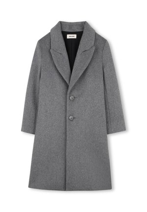 Manteau en mélange de laine gris avec une coupe ajustée, larges revers et deux boutons. Il présente un tissu texturé et une doublure intérieure complète.